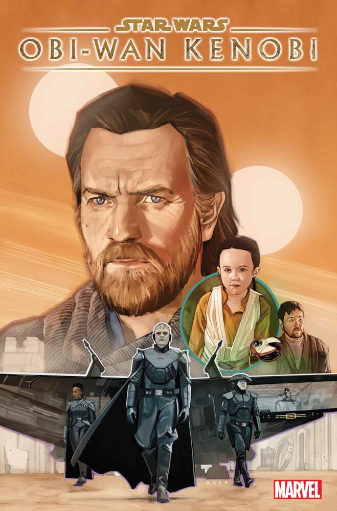 portrait of a bearded man looms above a spaceship in a desert