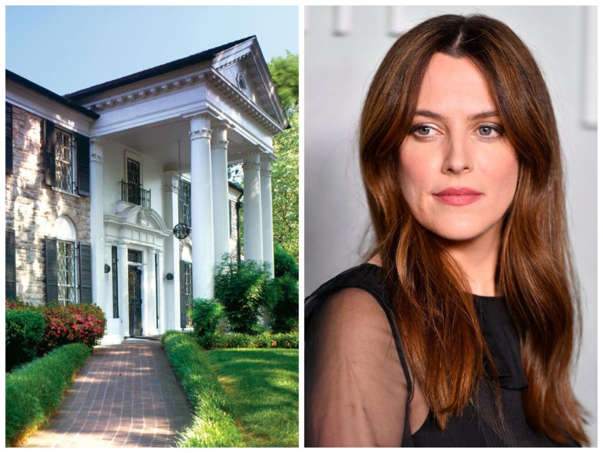 side-by-side of Graceland mansion and Riley Keough