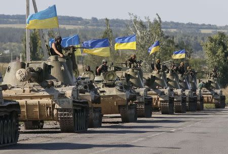 Ukrainian self-propelled artillery guns are seen near Slaviansk September 3, 2014. REUTERS/Gleb Garanich