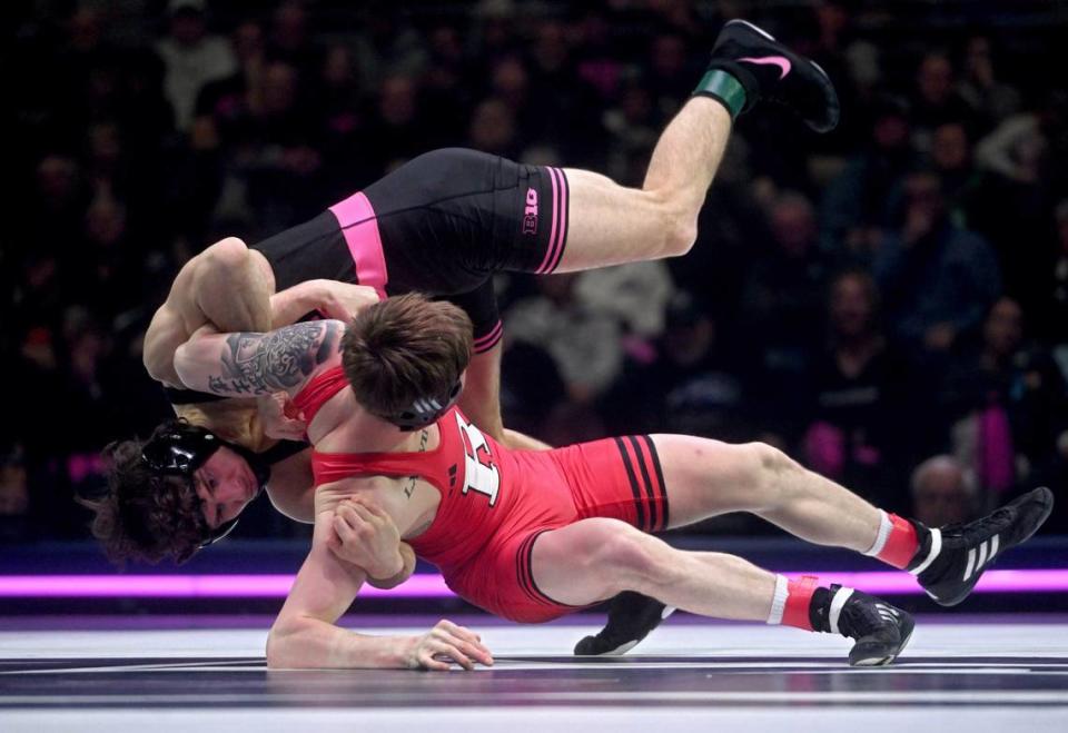 Penn State’s Levi Haines controls Rutgers’ Dylan Weaver in the 157 lb bout of the match on Monday, Feb. 12, 2024 at the Bryce Jordan Center.