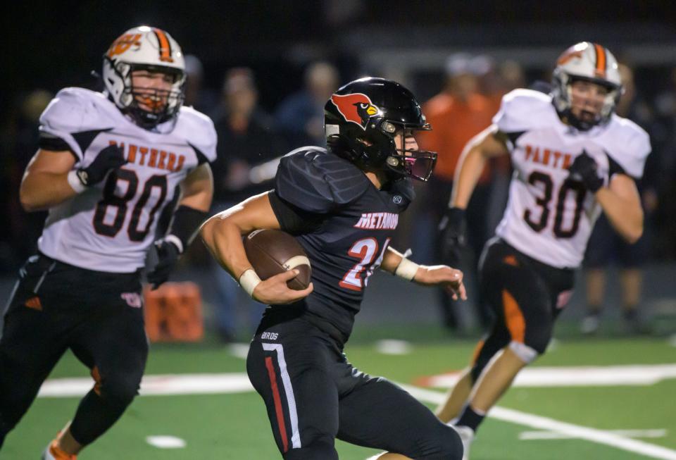 Metamora lineback and kick returner Cameron Nickel tries to find a path through the Washington defense on a kickoff in the second half of their Week 3 football game Friday, Sept. 8, 2023 in Metamora. The Panthers routed the Redbirds 45-7.