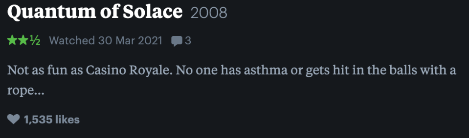 quantum of solace is not as fun as casino royal. no one has asthma or gets hit in the balls with a rope