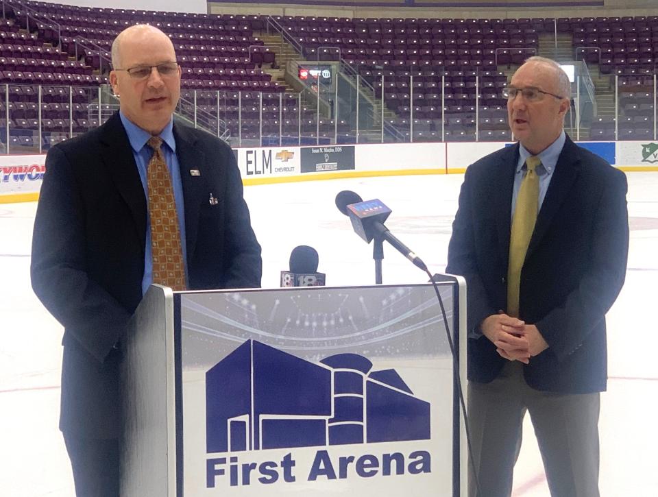 Joseph Roman, left, executive director of the Chemung County Industrial Development Agency, and IDA Chairman Mark Margeson discuss a recent audit of Elmira's First Arena during a news conference Tuesday, March 26, 2024.
