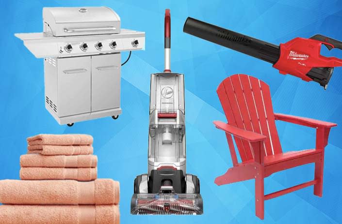 Grill, towels, vacuum, leaf blower, Adirondack chair