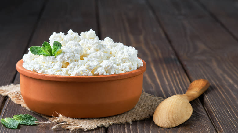 Cottage cheese in clay bowl