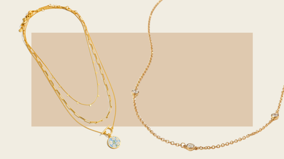 Add personal touches to a staid office dress code with layered gold necklaces.