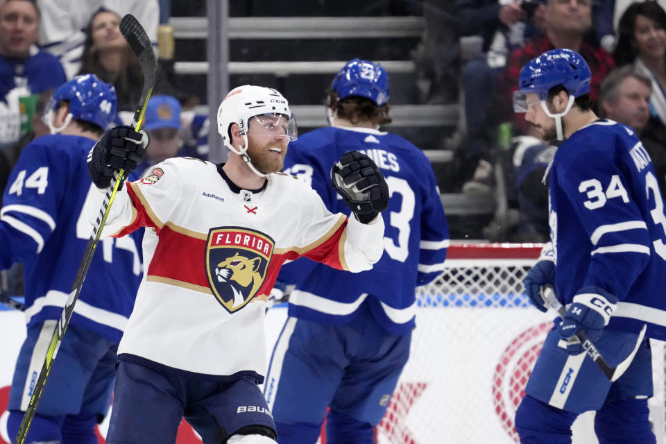 Florida Panthers centre Sam Bennett (9) celebrates after scoring during the second period of Game 1 of an NHL hockey Stanley Cup second-round playoff series against the Florida Panthers in Toronto, Tuesday, May 2, 2023. (Frank Gunn/The Canadian Press via AP)