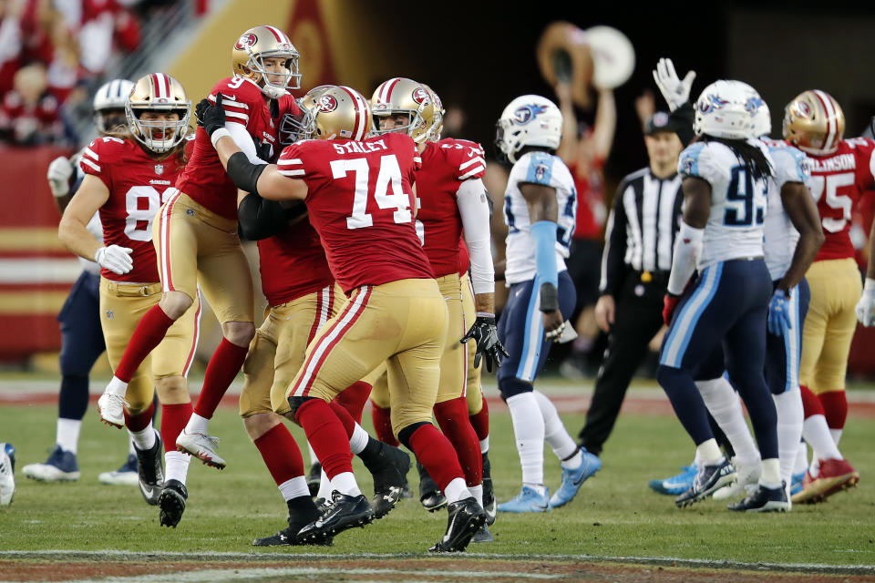 <p>San Francisco 49ers kicker Robbie Gould (9) is lifted by teammates after kicking the game-winning field goal during the fourth quarter of an NFL football game against the Tennessee Titans, Sunday, Dec. 17, 2017, in Santa Clara, Calif. (AP Photo/John Hefti) </p>