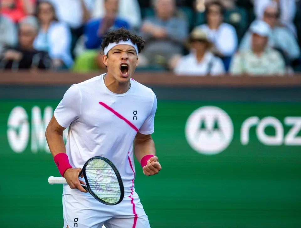 Ben Shelton celebrates a point against Jakub Mensik during round two of the BNP Paribas Open in Indian Wells, Calif., Friday, March 8, 2024.