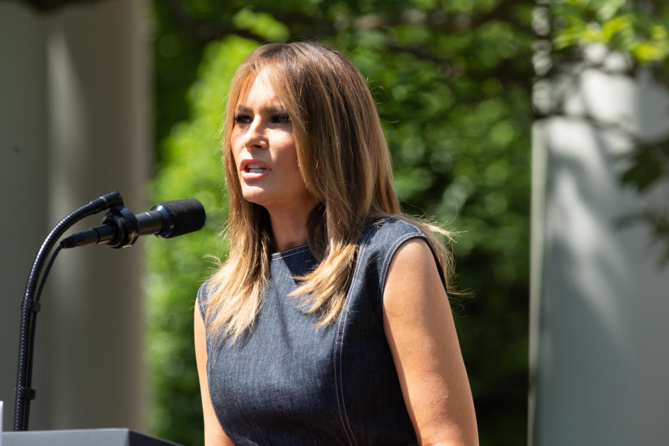 U.S. first lady Melania Trump speaks at an event to celebrate the one year anniversary of her initiative "Be Best" in the Rose Garden at the White House in May 2019 [Photo: Getty]