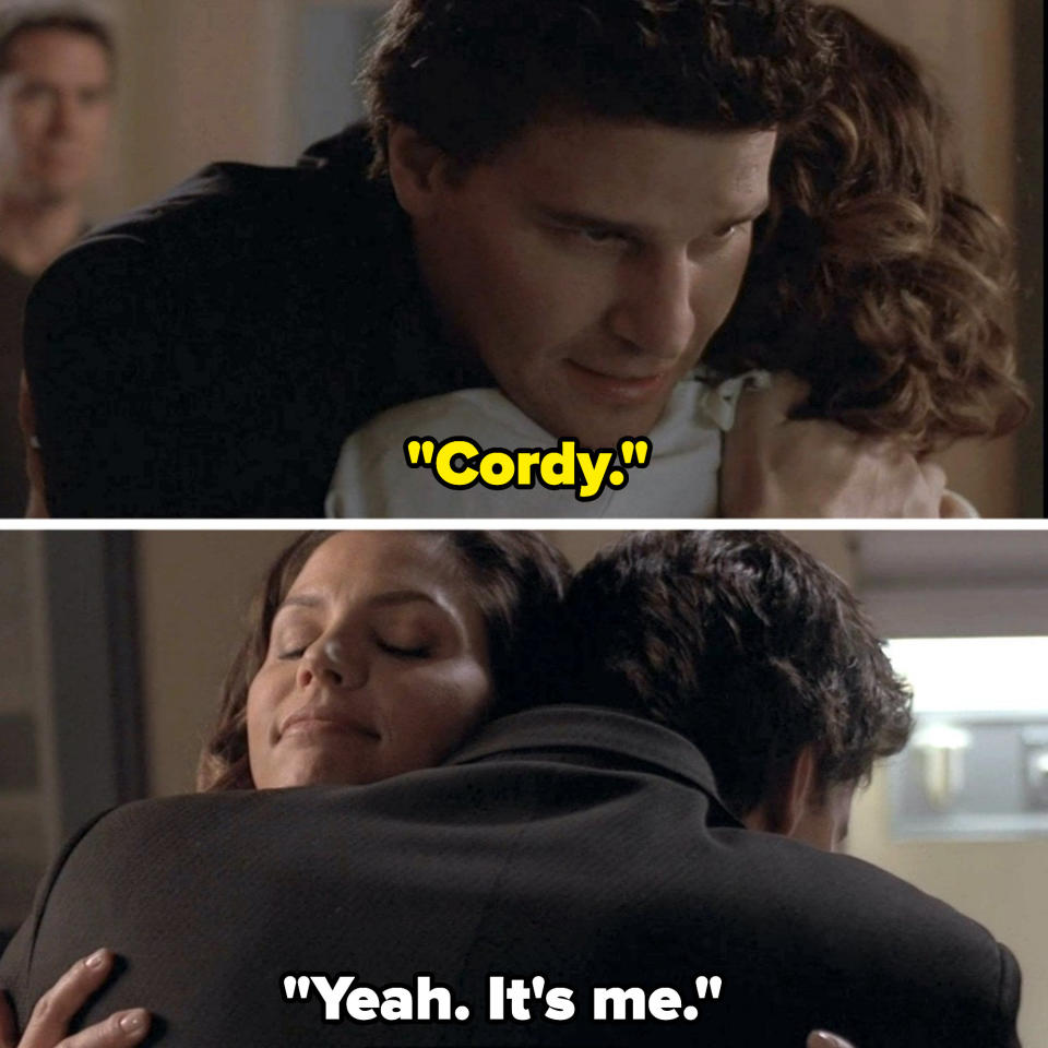 hugging cordelia, angel says "cordy" and cordelia says "yeah, it's me"