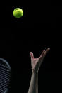 Oscar Otte of Germany returns the ball to Canada's Felix Auger Aliassime during a Davis Cup quarter-final tennis match between Germany and Canada in Malaga, Spain, Thursday, Nov. 24, 2022. (AP Photo/Joan Monfort)