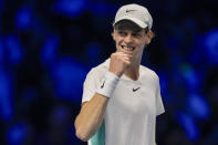 Italy's Jannik Sinner celebrates after winning a point against Russia's Daniil Medvedev during their singles semifinal tennis match of the ATP World Tour Finals at the Pala Alpitour, in Turin, Italy, Saturday, Nov. 18, 2023. (AP Photo/Antonio Calanni)