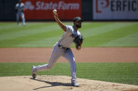 Miami Marlins starting pitcher Sandy Alcantara throws during the first inning of a baseball game against the St. Louis Cardinals Wednesday, June 16, 2021, in St. Louis. (AP Photo/Scott Kane)