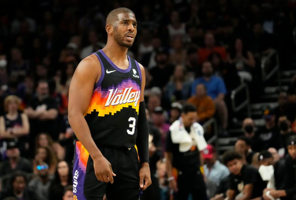 May 15, 2022; Phoenix, Arizona, USA; Phoenix Suns guard Chris Paul (3) reacts against the Dallas Mavericks during game seven of the second round for the 2022 NBA playoffs at Footprint Center.