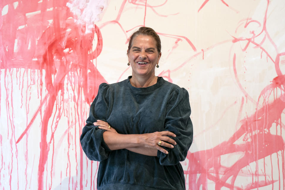 Artist Tracey Emin alongside a piece titled 'Wet' which features in her first Scottish show since 2008, 'I Lay Here For You' which runs from 28 May until 30 September 2022 at Jupiter Artland, Wilkieston, Edinburgh. The exhibition features brand new work by the artist reflecting on the possibility of love after hardship. Emin also unveiled a six metre bronze sculpture I Lay Here For You, as the latest permanent work within the sculpture park. Sited personally by the artist in an old-growth beech grove, the larger-than-life female figure cast in bronze from a clay version moulded by the artist, presents a radically different view of woman's place in nature. Picture date: Friday May 27, 2022. (Photo by Jane Barlow/PA Images via Getty Images)
