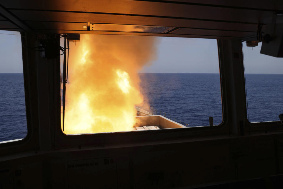 In this photo provided by the Ministry of Defence (MoD), a Sea Viper missile is launched from HMS Diamond to shoot down a missile fired by the Iranian-backed Houthis from Yemen, Wednesday, April 24, 2024. Yemen’s Houthi rebels fired a large barrage of drones and missiles targeting shipping in the Red Sea Wednesday. (LPhot Chris Sellars/MoD Crown copyright via AP)