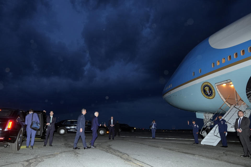 President Joe Biden walks to board Air Force One as he departs from Boston-Logan International Airport, Tuesday, May 21, 2024, in East Boston, Mass., to return to Washington. (AP Photo/Alex Brandon)