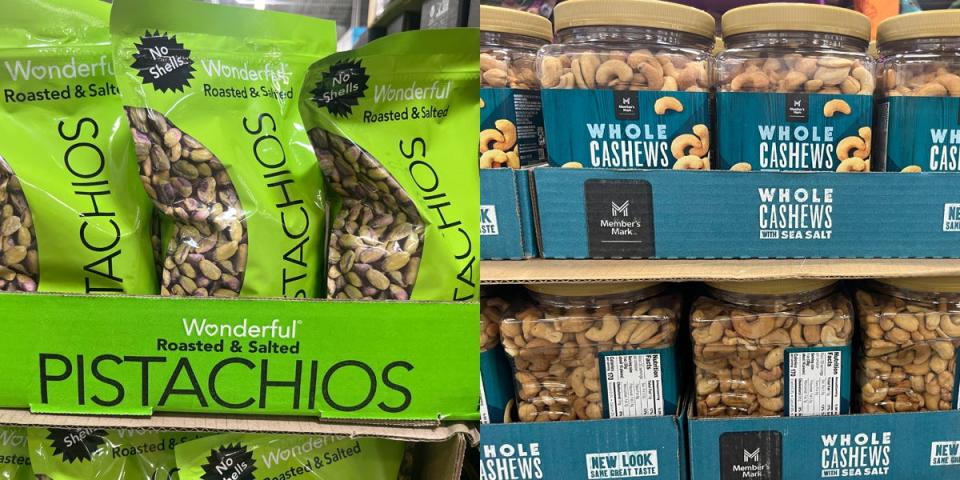 Bags of pistachios in a green cardboard display next to image of Sam's Club cashews in large containers