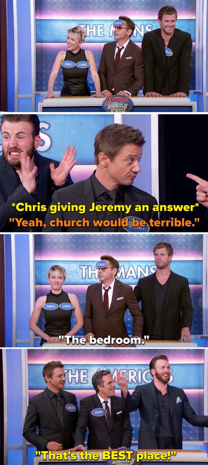 Robert Downey Jr answering "the bedroom" and Chris Evans saying, "That's the best place"