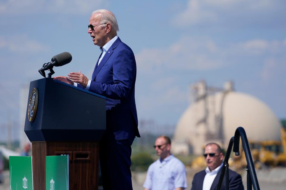 President Joe Biden speaks about climate change and clean energy at Brayton Power Station on Wednesday in Somerset, Mass.