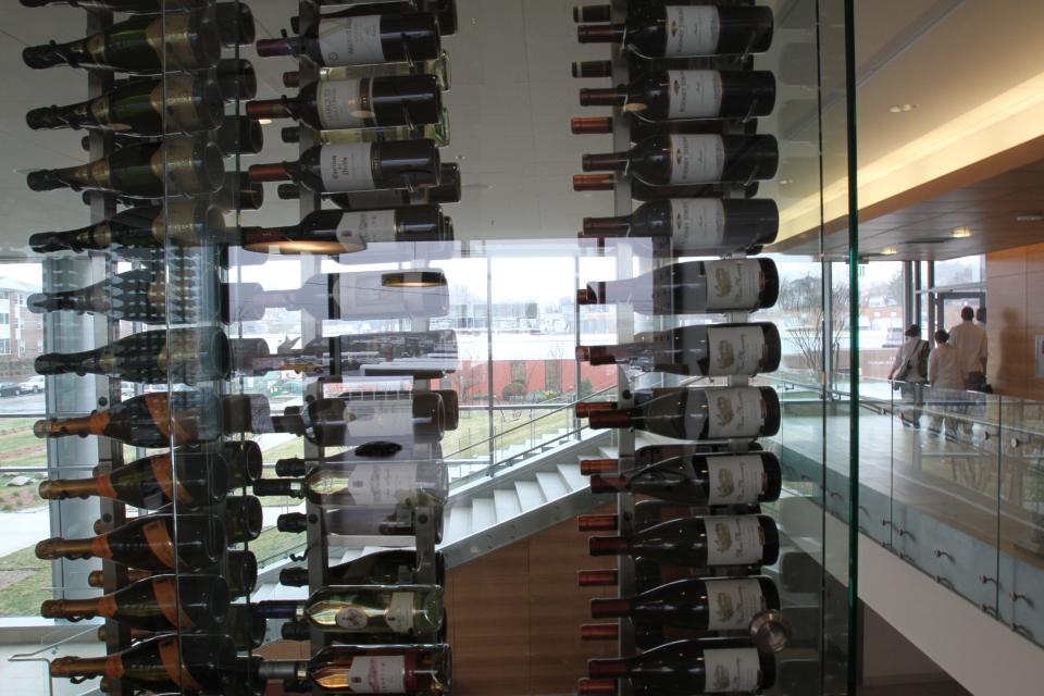 Wine storage doubles as design in the Cuisinart Center for Culinary Excellence at Johnson & Wales.