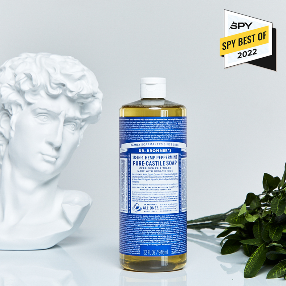 the dr bronner's pure castile soap bottle with a bust of da vinci's david