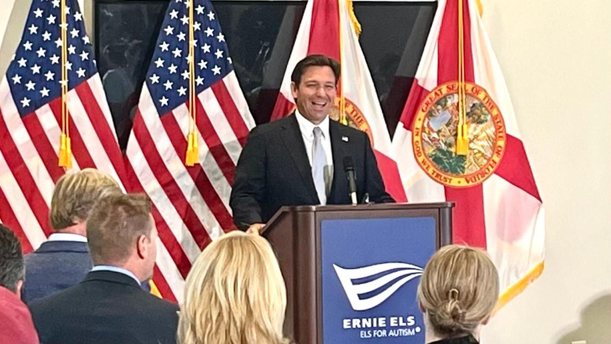 Florida Gov. Ron DeSantis announces a record $2.2 billion for the Florida Agency for Persons with Disabilities at the Els Center of Excellence in Jupiter on Monday, April 29, 2024.