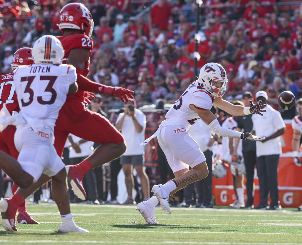 Virginia Tech wide receiver Ayden Greene (26) catches a pass during the first half of an NCAA college football game against Rutgers, Saturday, Sept. 16, 2023, in Piscataway, N.J. (Andrew Mills/NJ Advance Media via AP)