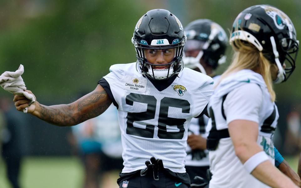 Jacksonville Jaguars safety Antonio Johnson (26) dances around during the warm up period at the Jacksonville Jaguars Friday morning training camp session July 28, 2023 inside the Miller Electric Center training facility.
