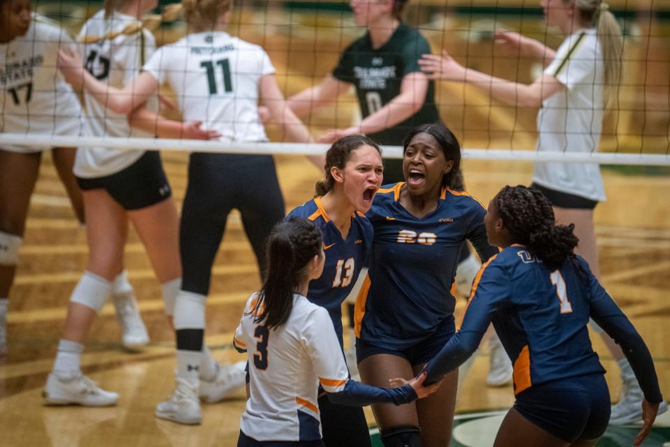 UTEP come together after scoring a point against CSU during their game, Friday, Dec. 3, 2021, at Moby Arena. 