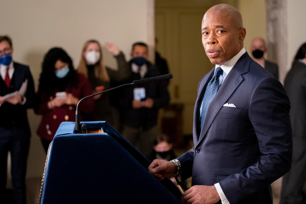 New York City Mayor Eric Adams speaks during a news conference at City Hall in Manhattan, New York on Monday, Jan. 24, 2022.