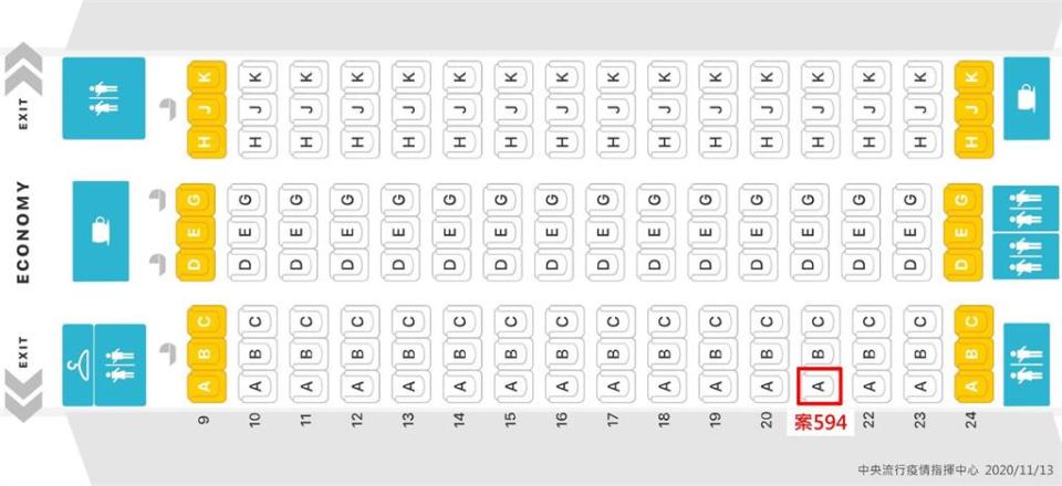 案594班機座位圖。（圖／指揮中心提供）