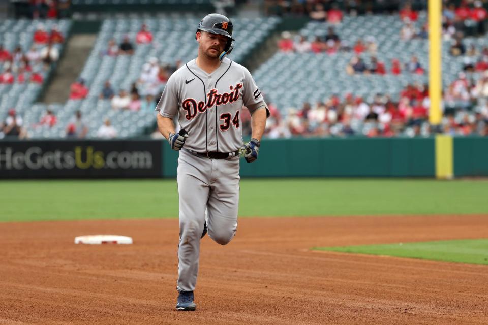 Detroit Tigers catcher Jake Rogers (34) runs around bases after hitting a three-run home run during the third inning against the Los Angeles Angels at Angel Stadium on Sunday.