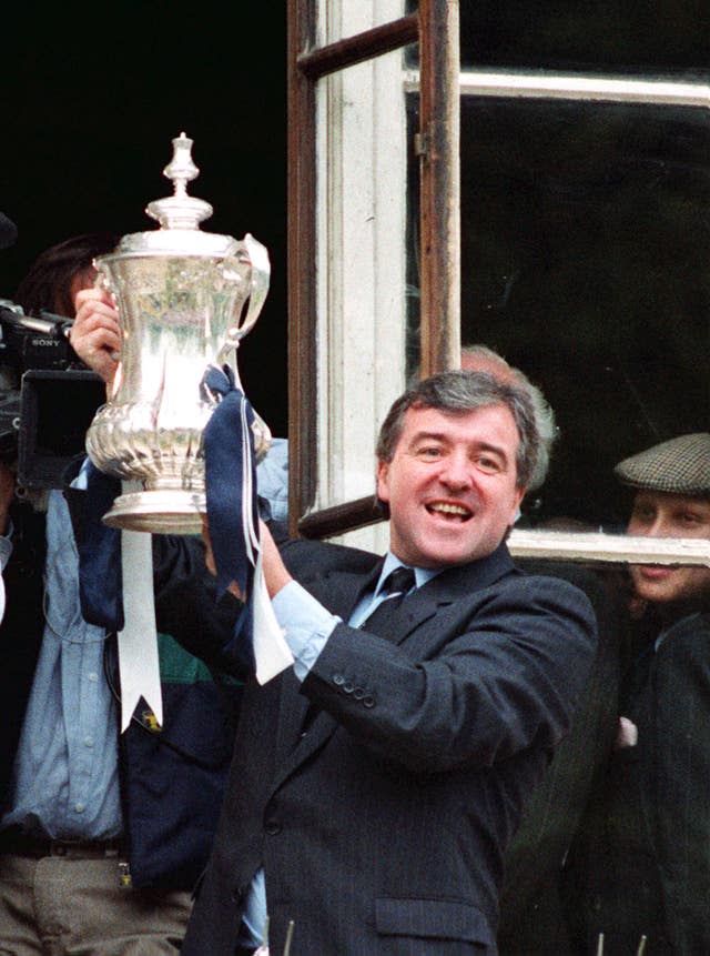 Terry Venables celebrates Tottenham's success in the 1991 FA Cup