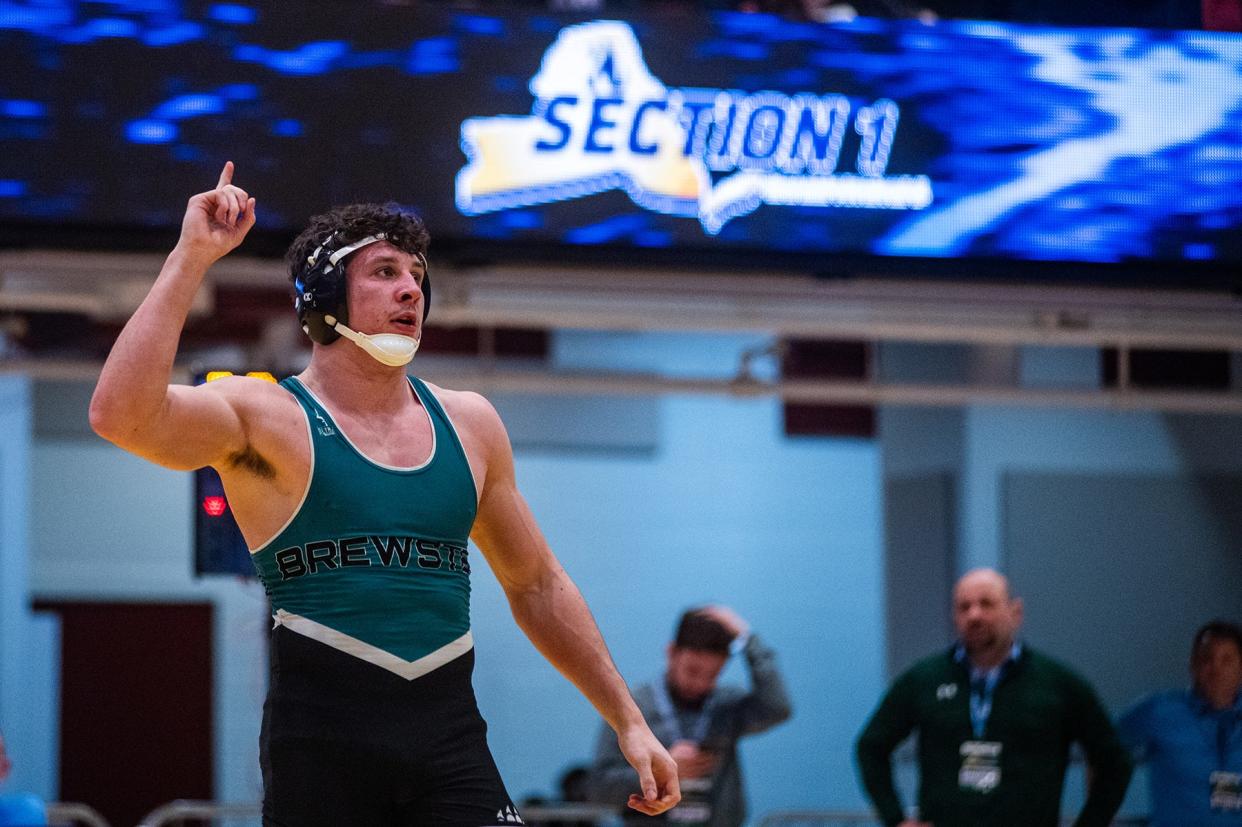 Brewster's Ian Sutherland reacts to winning the 190 pound weight class during the Section 1 division 1 wrestling championship in White Plains, NY on Sunday, February 11, 2024.