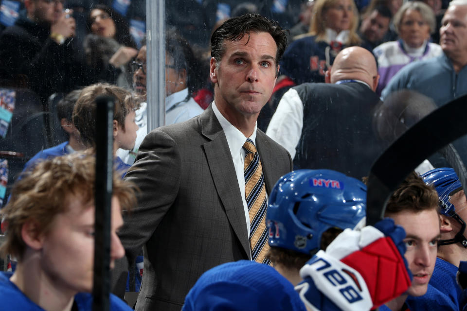 NEW YORK, NY - MARCH 19:  Head coach David Quinn of the New York Rangers looks on from the bench against the Detroit Red Wings at Madison Square Garden on March 19, 2019 in New York City. (Photo by Jared Silber/NHLI via Getty Images)