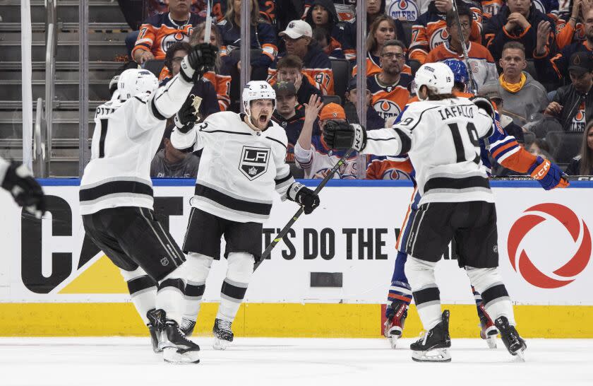 Los Angeles Kings left wing Alex Iafallo (19) celebrates his goal against the Edmonton Oilers.