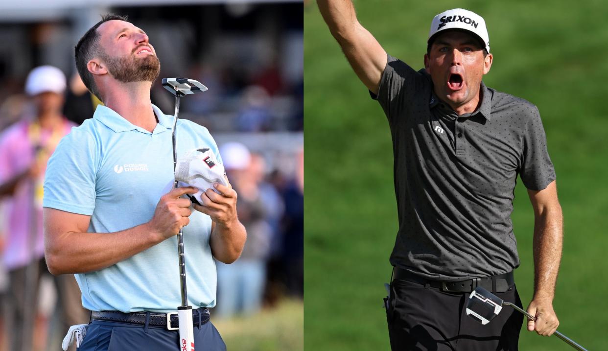  Wyndham Clark looks to the sky, Keegan Bradley punches the air 