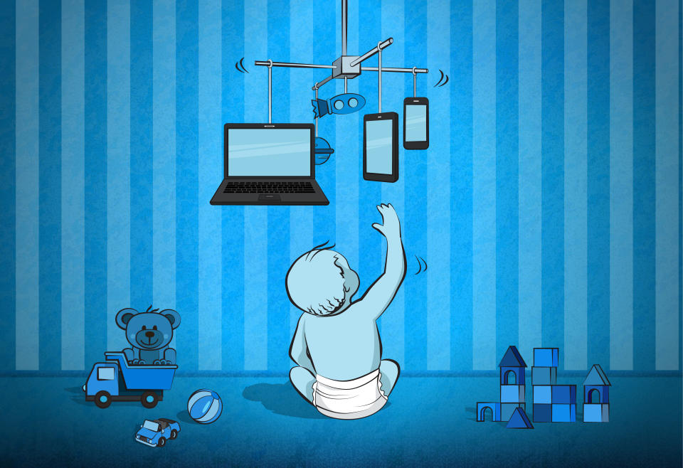 A baby sitting on floor is reaching out for tech gadgets. (Used clipping mask)