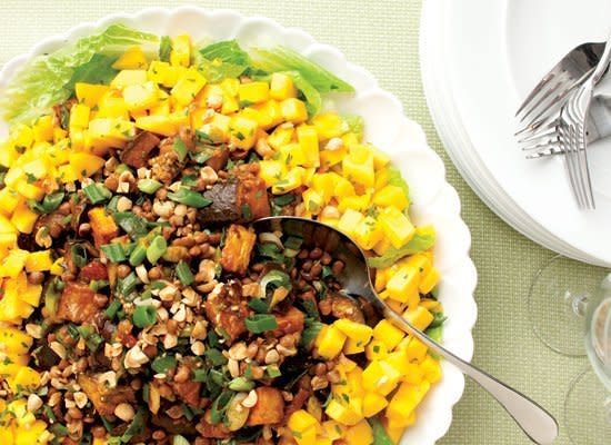 <strong>Get the <a href="http://www.huffingtonpost.com/2011/10/27/spiced-eggplant-lentil-sa_n_1062159.html" target="_hplink">Spiced Eggplant-Lentil Salad with Mango recipe</a></strong>