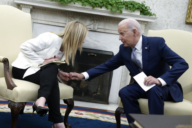 U.S. President Joe Biden meets with Italian Prime Minister Giorgia Meloni in the Oval Office of the White House in Washington on Thursday, July 27, 2023. Photo by Yuri Gripas/UPI