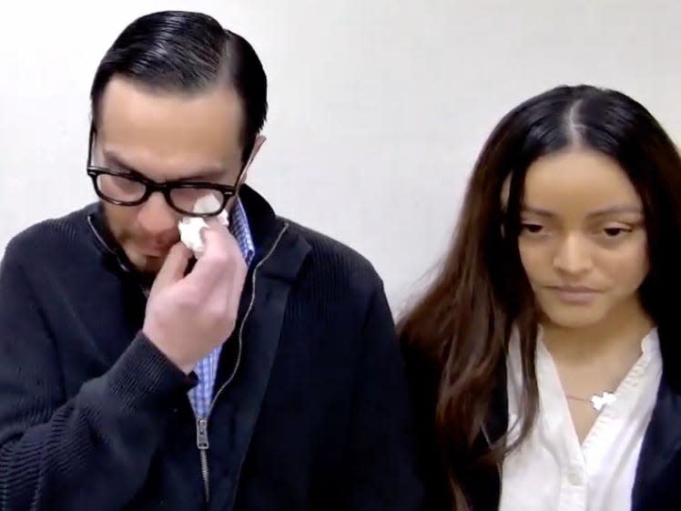 Jason and Melissa Diaz appear emotional at their press conference, with Jason dabbing his eyes