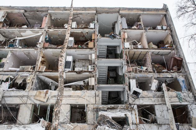 Bombed buildings in the residential neighborhood near Kharkiv Metro Station in Kharkiv, Ukraine.  (Photo: Andrea Carrubba/Anadolu Agency via Getty Images)