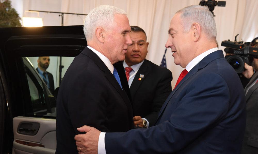 The US vice-president, Mike Pence, welcomed by the Israeli prime minister, Benjamin Netanyahu, during his visit to the prime minister’s office. 