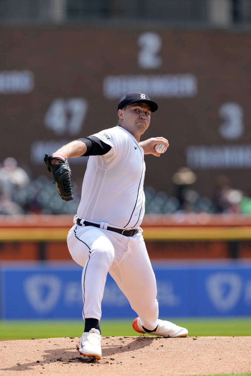 Detroit Tigers starting pitcher Tarik Skubal throws during the first inning of a baseball game against the San Francisco Giants, Monday, July 24, 2023, in Detroit. (AP Photo/Carlos Osorio)
