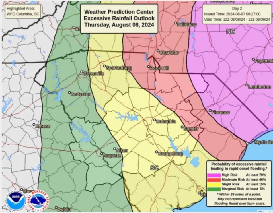 A map showing areas around Columbia at risk of flooding from Tropical Storm Debby on Thursday.