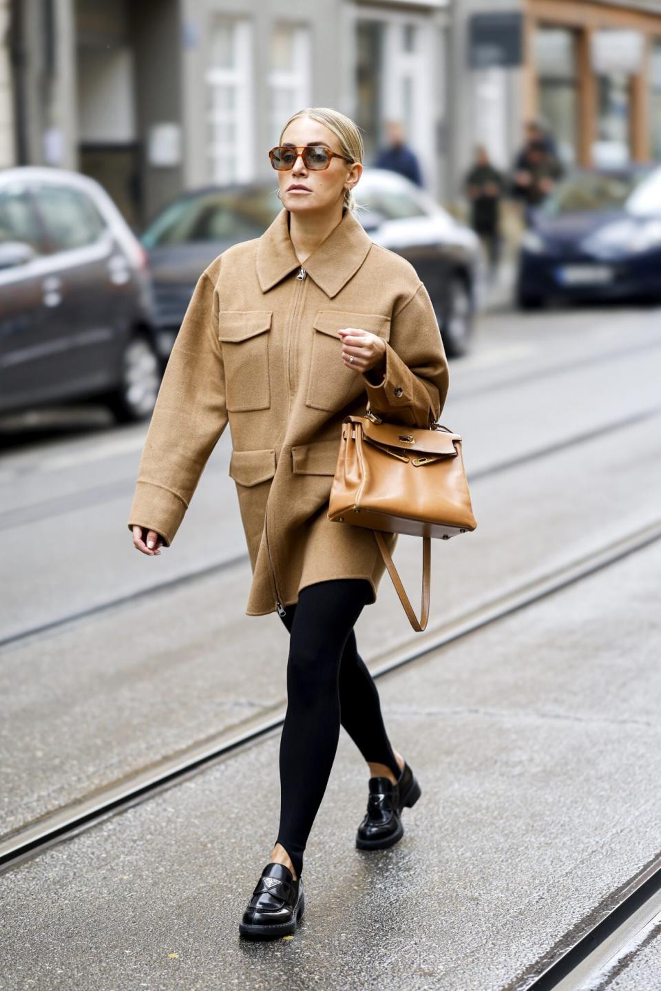 Tan Wool Shacket, Brown Leather Bag, Prada Loafers, Black Leggings