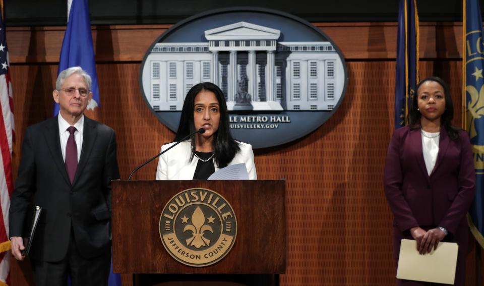 Vanita Gupta, associate U.S. attorney general, speaks at a press conferencewhere the Department of Justice delivered findings on the Investigation of the Louisville Metro Police Department and Louisville Metro Government, at Louisville Metro Hall on Wednesday, March 8, 2023. WIth Gupta are U.S. Attorney General Merrick Garland, left; and Kristen Clarke, assistant attorney general for civil rights.