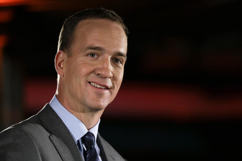 Denver Broncos quarterback Peyton Manning talks with reporters during a news conference Sunday, Jan. 26, 2014, in Jersey City, N.J. The Broncos are scheduled to play the Seattle Seahawks in the NFL Super Bowl XLVIII football game Sunday, Feb. 2, in East Rutherford, N.J. (AP Photo/Mark Humphrey)